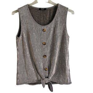 Ava James Black White Striped Sleeveless Top Front Tie Faux Buttons Medium NEW